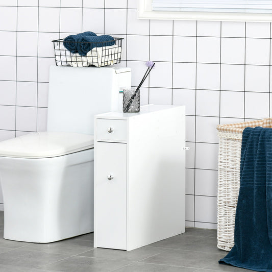 HOMCOM Bathroom Slim Floor Cabinet Narrow Wooden Storage Home Bath Toilet Cupboard Organiser Unit with Drawers White