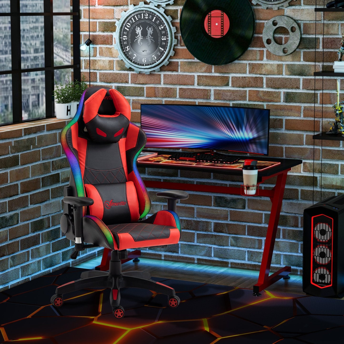 Vinsetto Gaming Office Chair with RGB LED Light, Lumbar Support, Gamer Recliner, Red