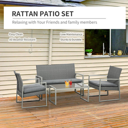 Outsunny 4 Seater Rattan Set 2 Single Sofa Armchairs and 1 Bench with Cushions & Coffee Table - Grey