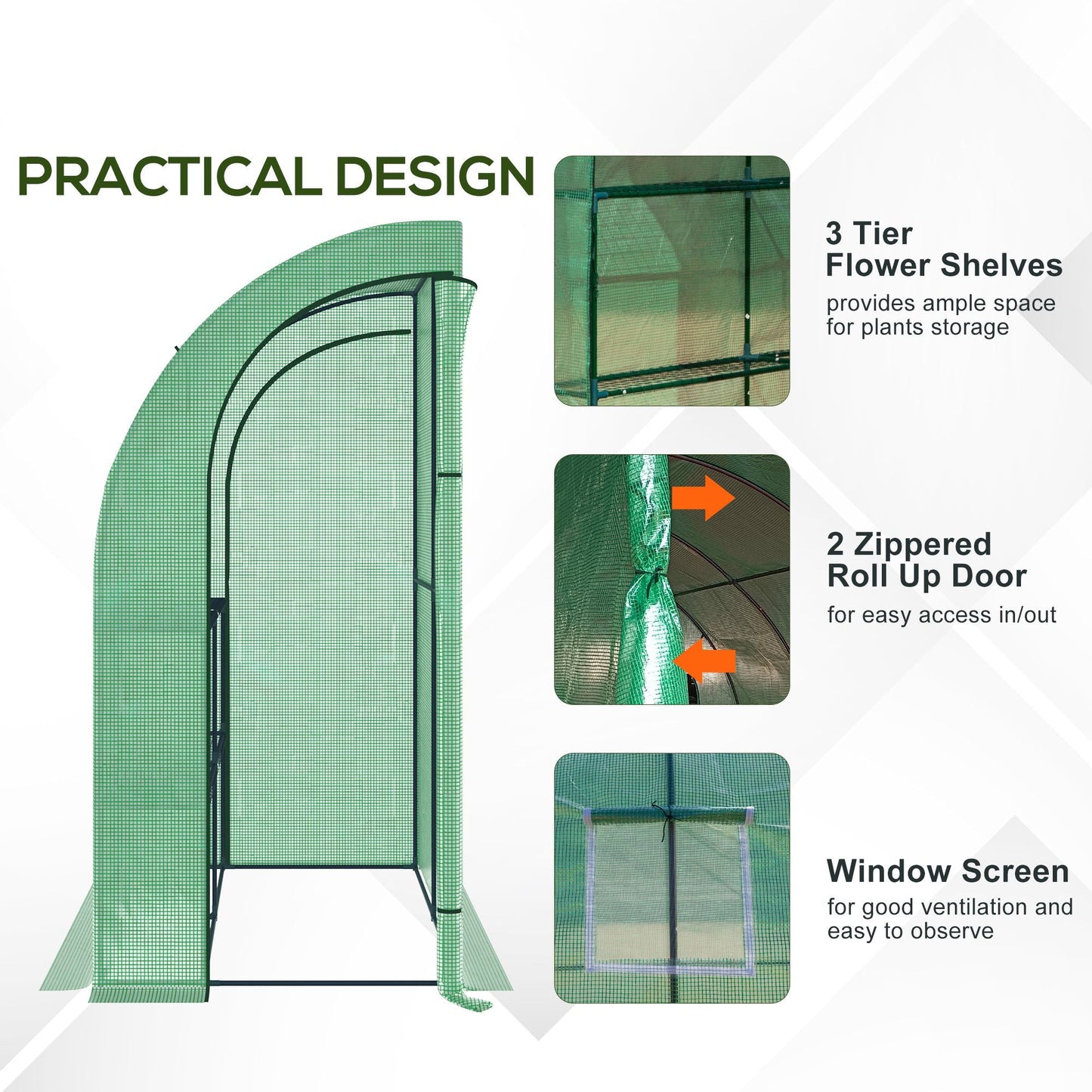 Walk-In Lean to Wall Greenhouse with Windows and Doors 2 Tiers 4 Wired Shelves 200L x 100W x 213Hcm Green