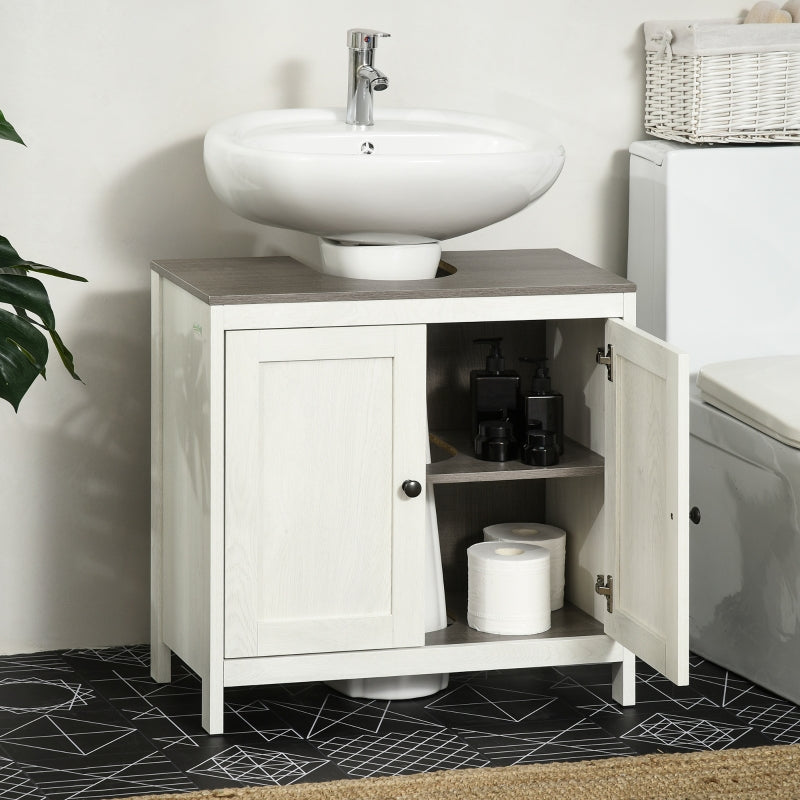 kleankin Modern Bathroom Sink Cabinet, Floor Standing Under Sink Cabinet, Freestanding Storage Cupboard with Adjustable Shelf, Double Doors, Antique White