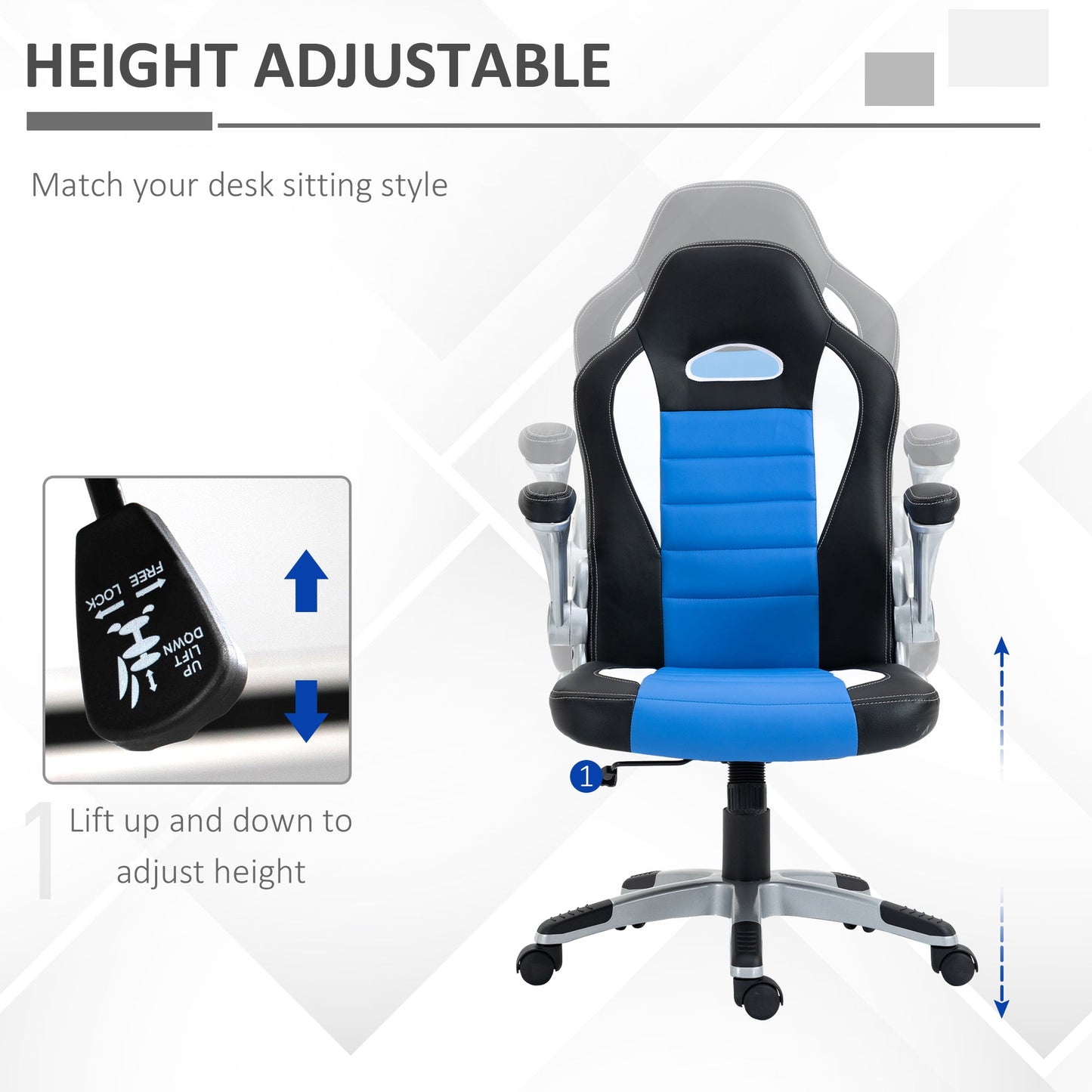 Racing Gaming Chair, PU Leather Computer Desk Chair, Height Adjustable Swivel Chair, Blue