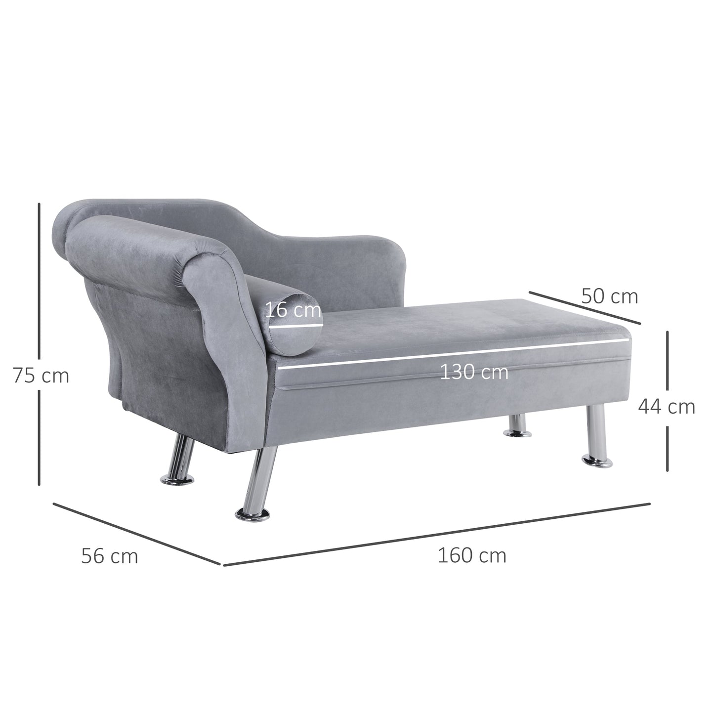 Velvet-Feel Chaise Longue with Cushion - Grey