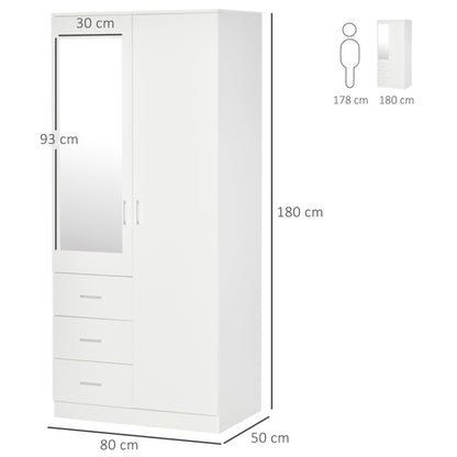 HOMCOM Modern Mirror Wardrobe 2 Door Storage Cupboards Home Storage Organisation Furniture with Adjustable Shelf, Hanging Rail and 3 Drawers, 180cm, White