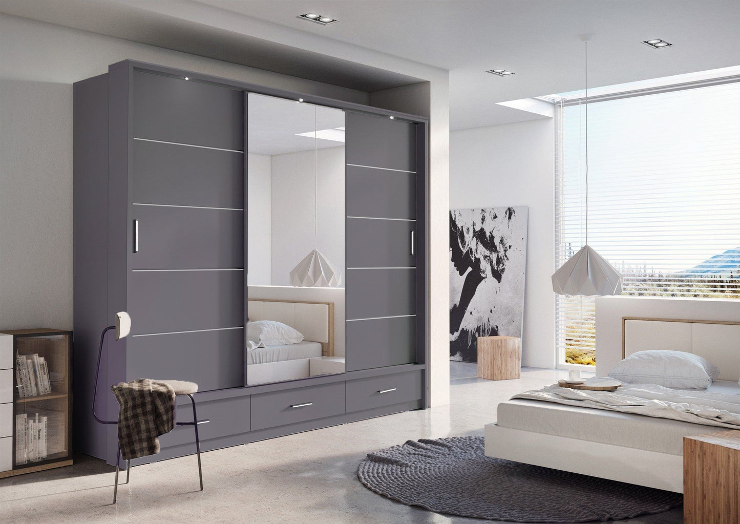 Deming 3 Door Sliding Wardrobe 250cm - White, Grey or Black