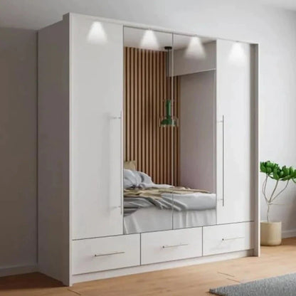 Lindsey 255cm Large Swing Door Wardrobe with Mirror and 3 Drawers - White and Graphite