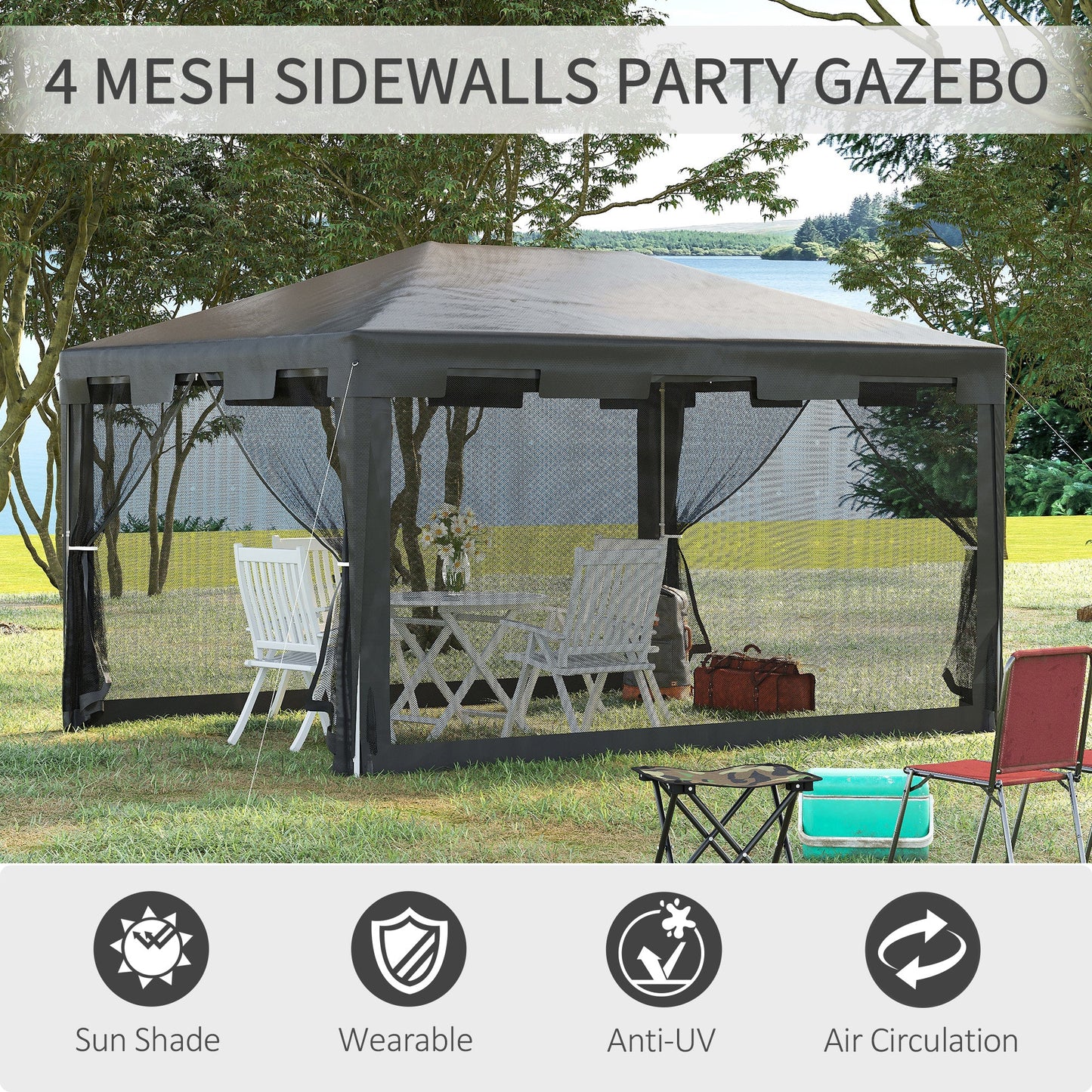 Outsunny 4 m x 3 m Gazebo Party Tent Outdoor Canopy Garden Sun Shade w/ Mesh Sidewalls, Grey