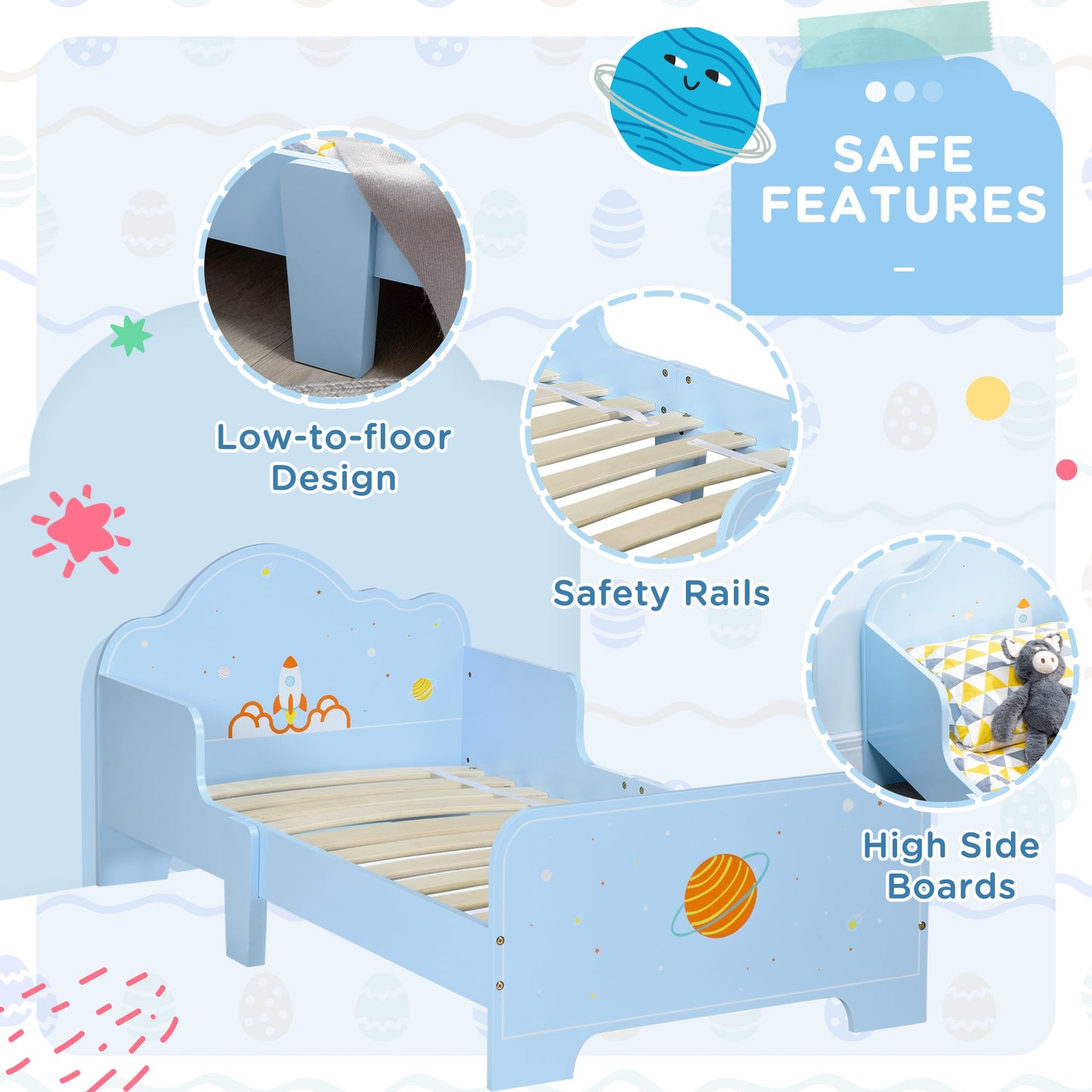 ZONEKIZ Toddler Bed Kids Bedroom Furniture with Rocket & Plants Patterns Safety Side Rails Slats, Blue