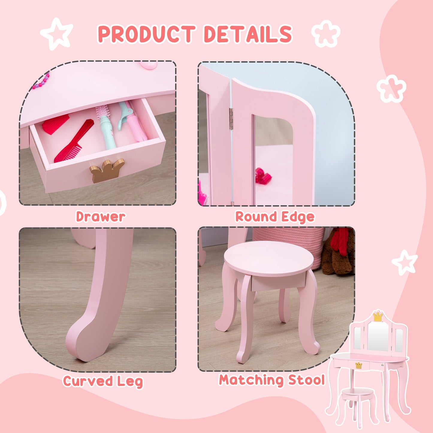 ZONEKIZ Kids Dressing Table with Mirror and Stool, Kids Vanity Set, Girl Makeup Desk with Rotatable Mirrors and Drawer, Pink