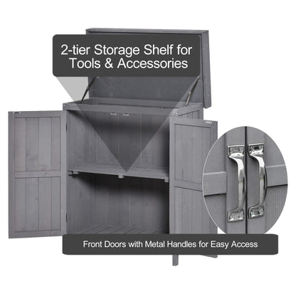 Outsunny Wooden Garden Storage Shed with Hinged Roof and Shelves, Outdoor Storage Cabinet Chest, Double Doors, 74 x 43 x 88cm, Grey