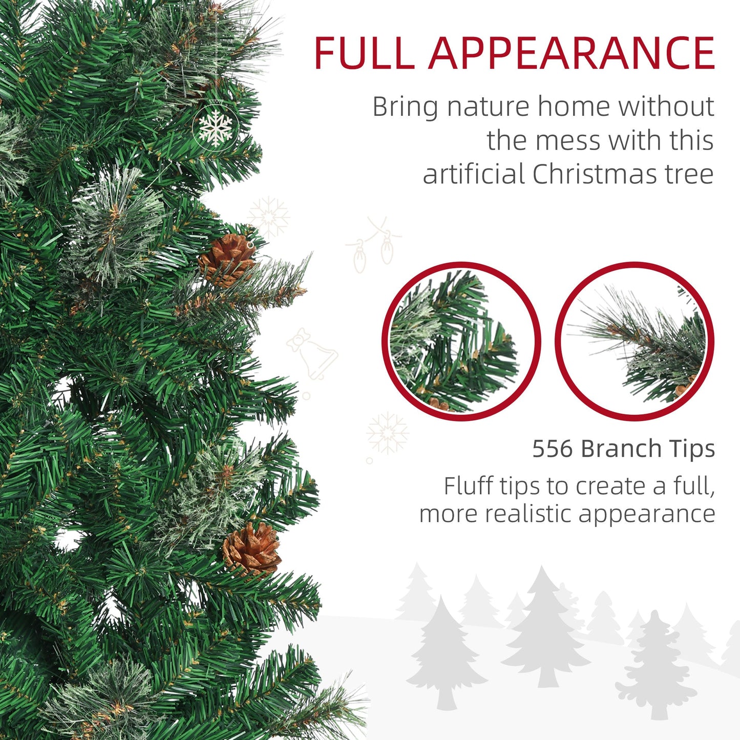 HOMCOM 6.5FT Tall Pencil Slim Artificial Christmas Tree with Realistic Branches, 556 Tip Count and 27 Pine Cones, Green