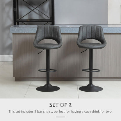 Barstools Set Of 2 Adjustable Swivel Height PU Leather Counter Chairs W/ Footrest - Grey