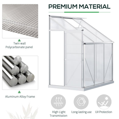 Walk-In Lean to Greenhouse Garden Heavy Duty Aluminium Polycarbonate with Roof Vent for Plants Herbs Vegetables, Silver, 192 x 127 x 220 cm