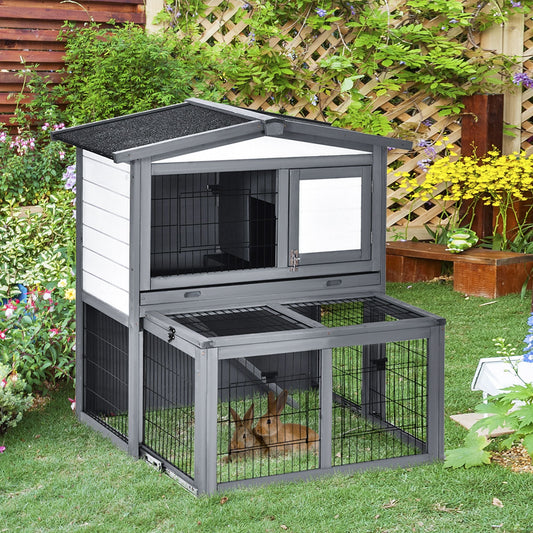 PawHut 2 Tier Wooden Rabbit Hutch Small Animal Cage Slide Out Tray Ramp Outdoor Run Openable Roof Grey 101.5 x 90 x 100 cm
