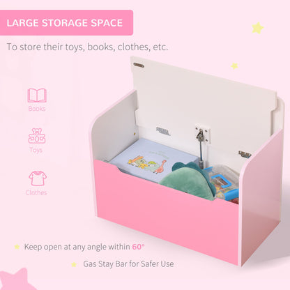 HOMCOM Kids Wooden Toy Storage Chest Chair 2 in 1 Design with Gas Stay Bar Safety Hinges Lid 60 x 30 x 50cm Pink