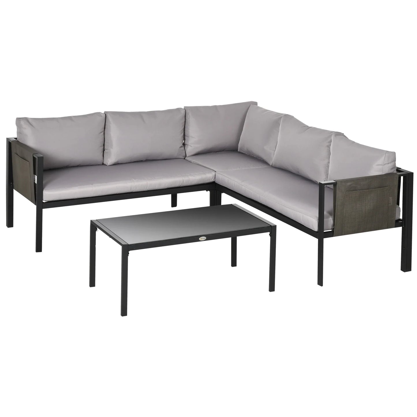 4 Piece Metal Garden Furniture Set with Tempered Glass Coffee Table, Breathable Mesh Pocket