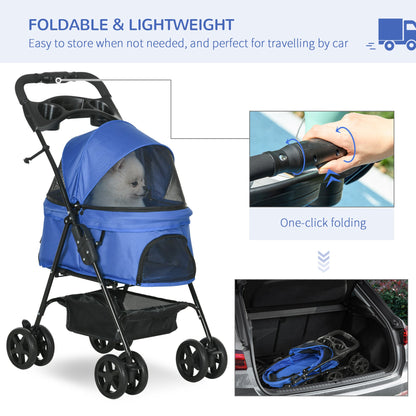 PawHut Dog Stroller with Rain Cover, Dog Pushchair One-Click Fold Trolley Jogger with EVA Wheels Brake Basket Adjustable Canopy Safety Leash for Small Dogs, Blue