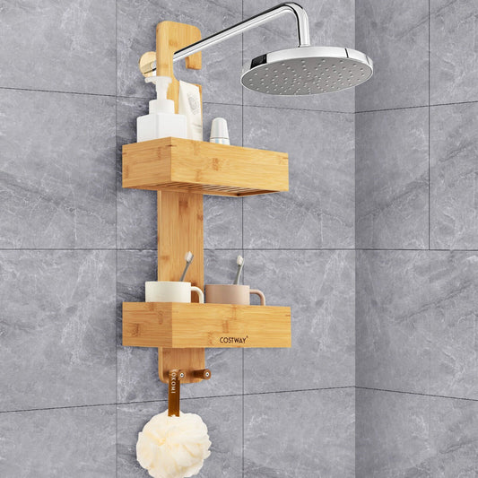 2-Tier Waterproof Bamboo Hanging Shower Caddy with 2 Hooks for bathroom-Natural
