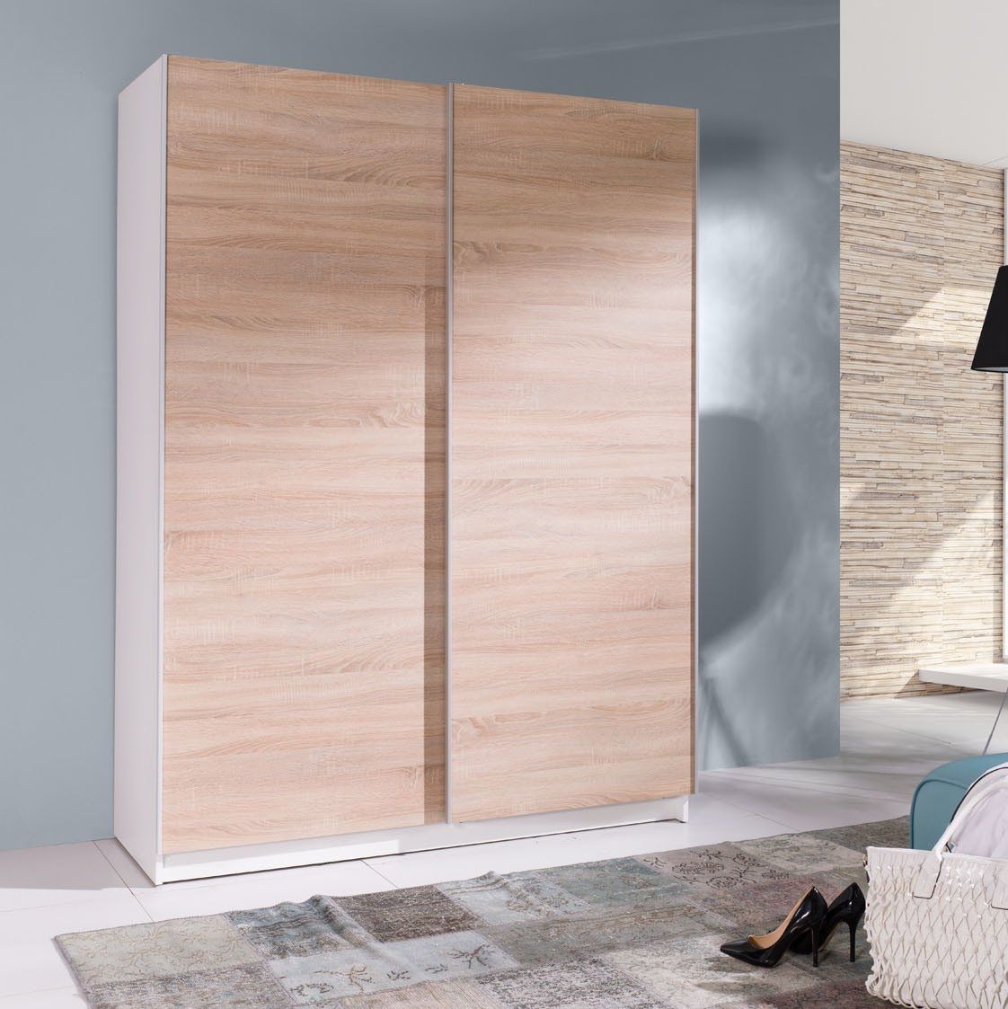 Belona 2-Door Sliding Wardrobe 150cm - White or Sonoma Oak