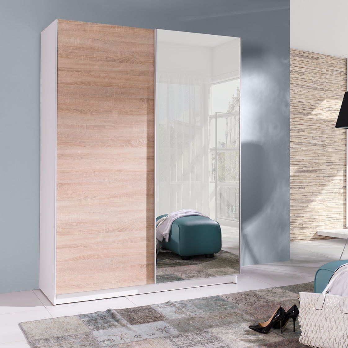 Belona Mirrored 2-Door Sliding Wardrobe 150cm - White or Sonoma Oak