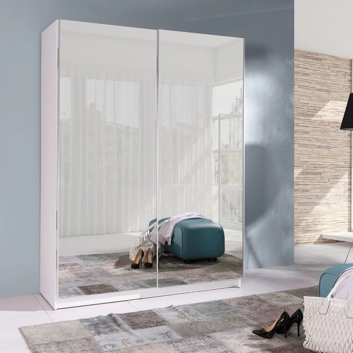 Belona Mirrored 2-Door Sliding Wardrobe 150cm - White or Sonoma Oak