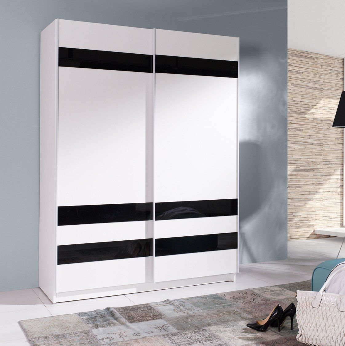 Belona 2-Door Sliding Wardrobe 150cm - White & Black Glass