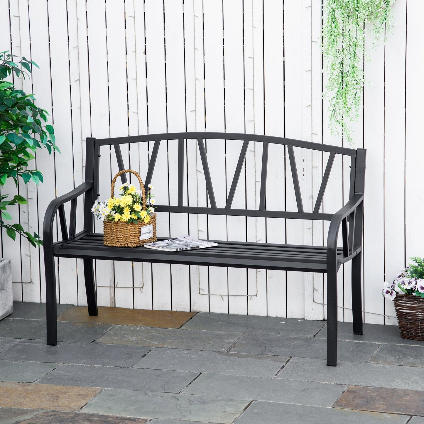 Outsunny 2-Seater Garden Bench Metal Loveseat w/ Decorative Backrest Ergonomic Armrest