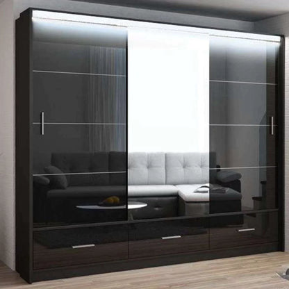 Warrington Sliding Door 255cm Mirror Wardrobe with 3 Drawers - Graphite, Black, White