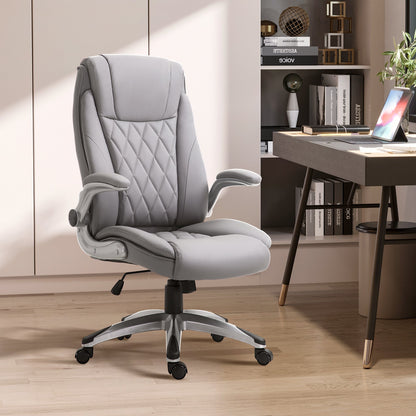 Vinsetto High Back Office Chair PU Leather Upholst, with Flip-up Arm, Wheels, Adjustable Height, Grey