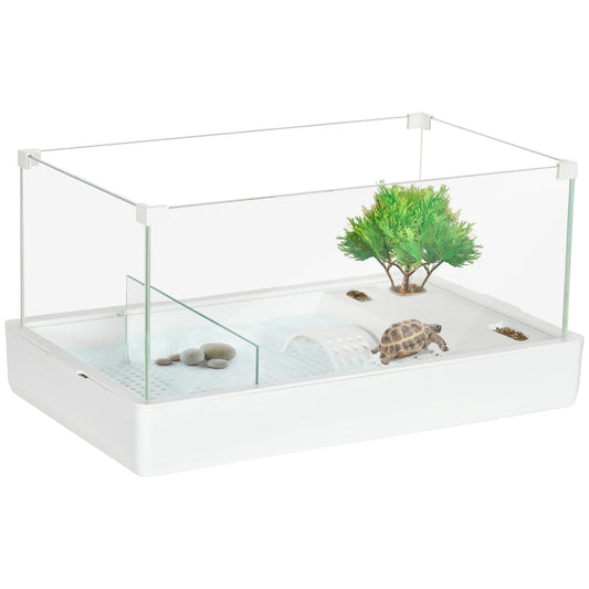 PawHut 50 Turtle Tank Aquarium, Glass Tank with Basking Platform, Filter Layer Design, Full View Visually Terrapin Reptile Habitat, White