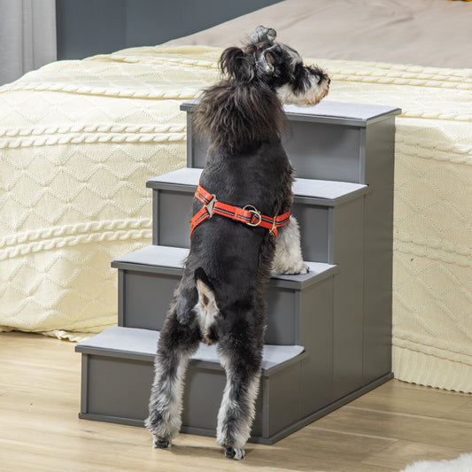 PawHut 4 Step Wooden Cushioned Pet Stairs Ramp Steps for Dogs, Cat Ladder for Bed Couch with Non-Slip Carpet, 40 x 59 x 54.2 cm, Grey