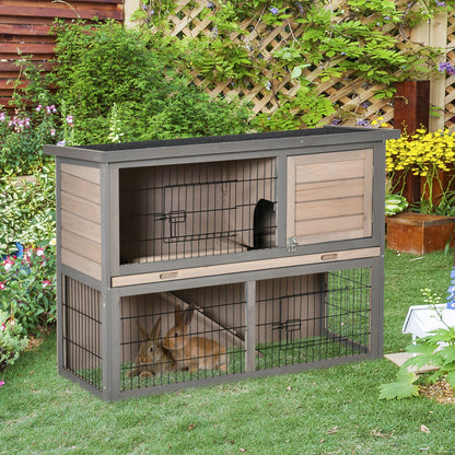 PawHut Rabbit Hutch Bunny Cage Small Animal House with Sliding Tray, Run, Openable Top, Ramp, for Indoor Outdoor, Grey 108x45x78 cm