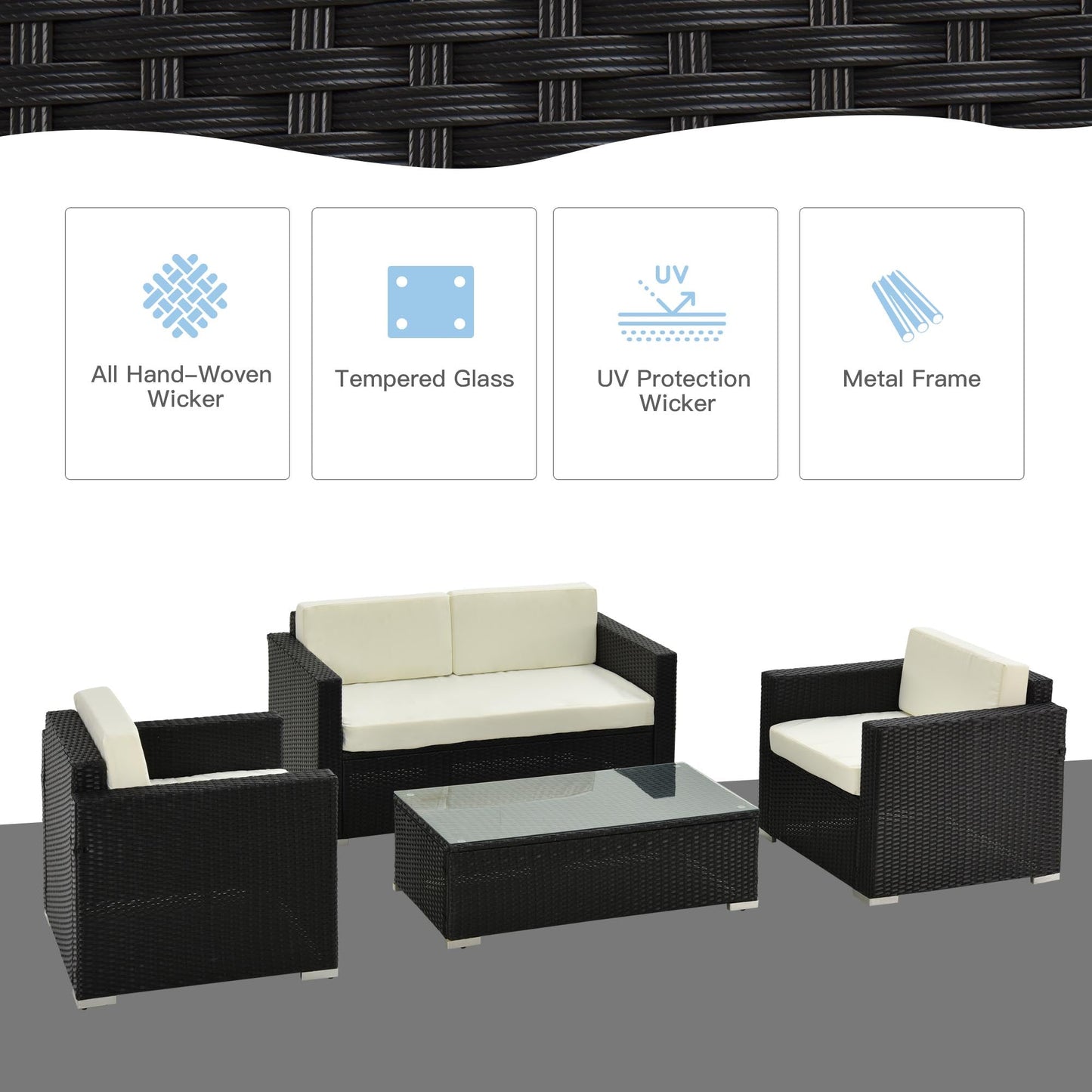 Outsunny 4-Seater Rattan Sofa Set - Black