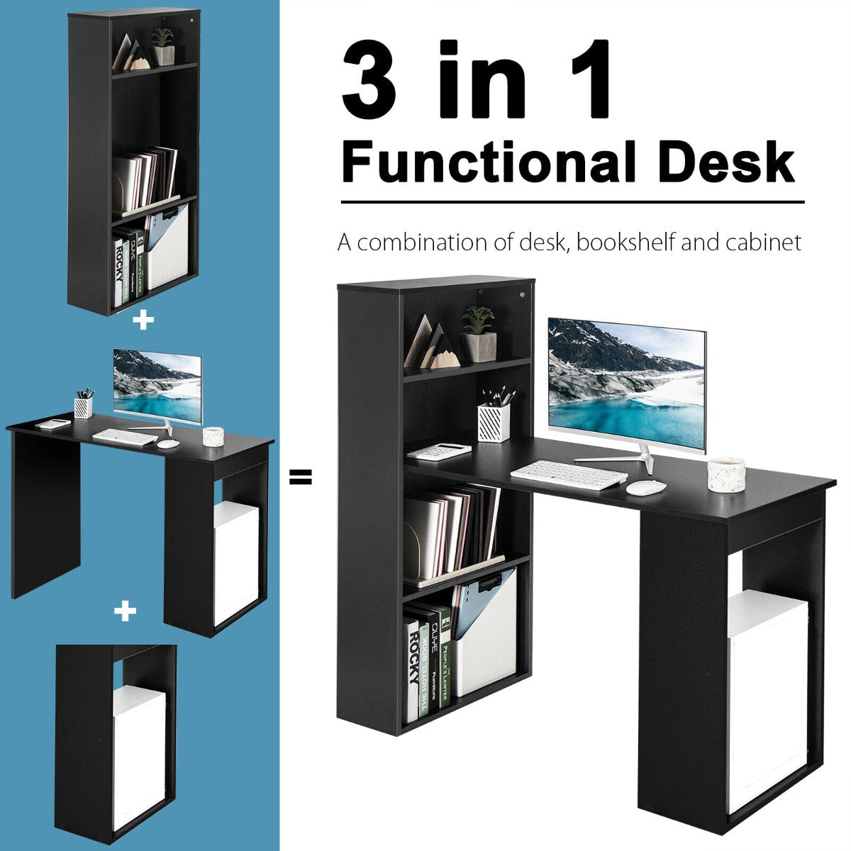 Modern 3-in-1 Wooden Computer Desk with 6-Tier Storage Bookshelves