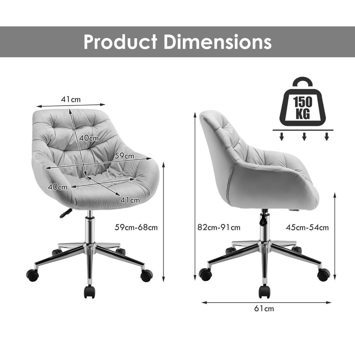 Velvet Leisure Armchair Adjustable Chair with Rolling Casters for Office-Grey