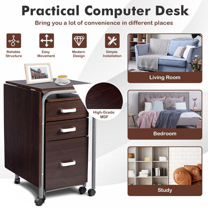 Folding Computer Desk with Rolling Wheels and 3 Drawers for Home Office-Brown