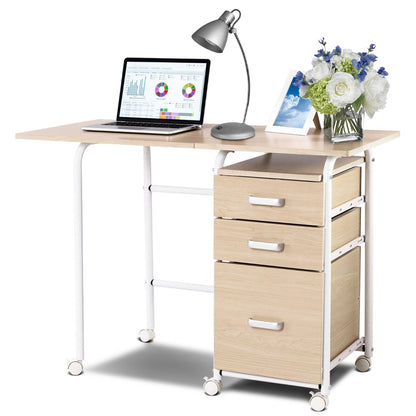 Folding Computer Desk with Rolling Wheels and 3 Drawers for Home Office-Natural