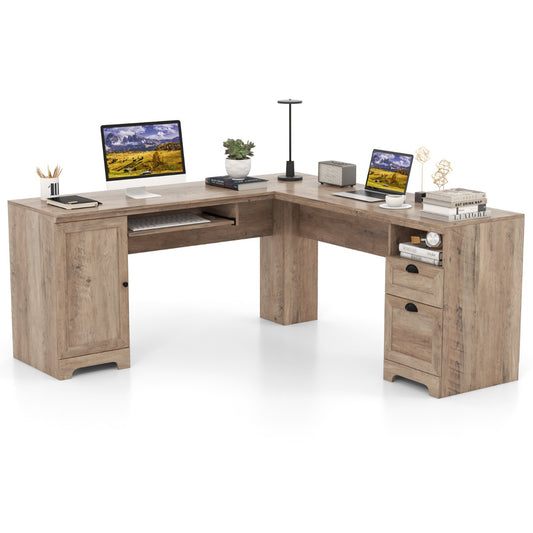 L-Shaped Computer Desk with Drawers Cabinet Keyboard Tray-Oak