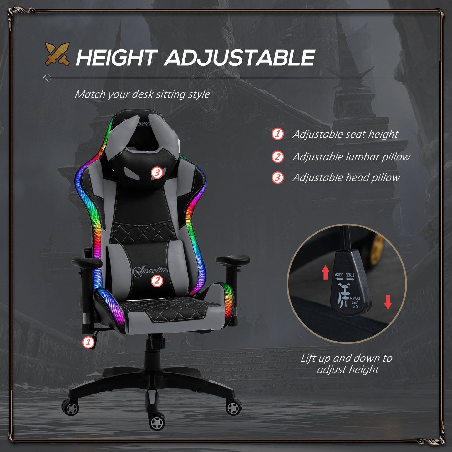 Vinsetto Gaming Office Chair with RGB LED Light, Lumbar Support, Gamer Recliner, Grey