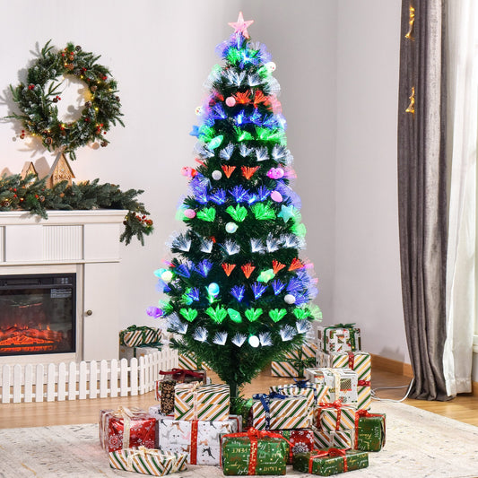 HOMCOM 6FT Pre-Lit Artificial Christmas Tree with Fibre Optic Baubles Fitted Star LED Light Green