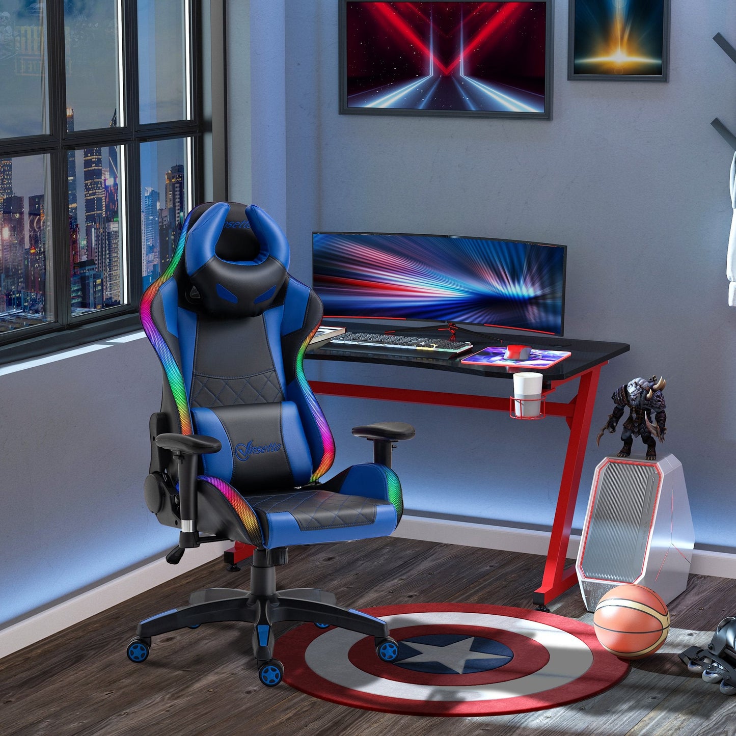 Vinsetto Gaming Office Chair with RGB LED Light, Lumbar Support, Gamer Recliner, Blue