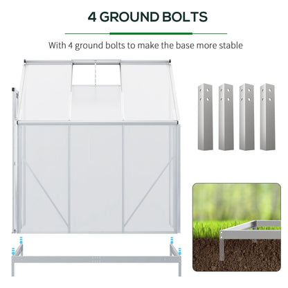 Walk-In Lean to Greenhouse Garden Heavy Duty Aluminium Polycarbonate with Roof Vent for Plants Herbs Vegetables, Silver, 192 x 127 x 220 cm