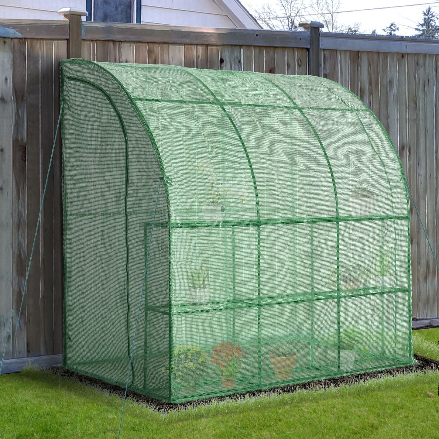 Outsunny Outdoor Walk-In Lean to Wall Tunnel Greenhouse with Zippered Roll Up Door PE Cover Green 214L x 120W x 215Hcm