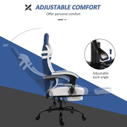 Vinsetto PU Leather Gaming Chair with Headrest, Footrest, Wheels, Adjustable Height - Blue/White