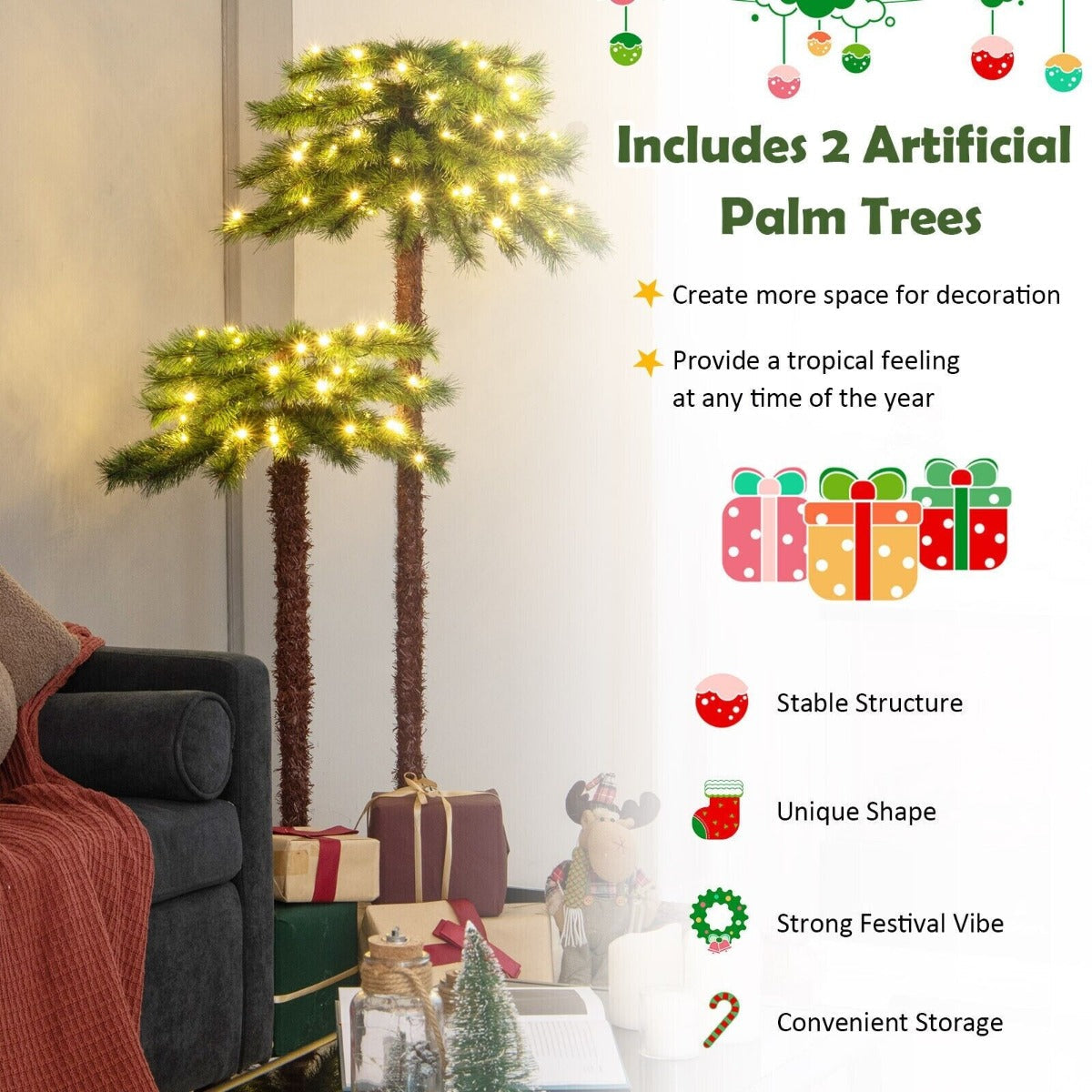 Pre-Lit Artificial Palm Tree with Metal Stand and Gloves