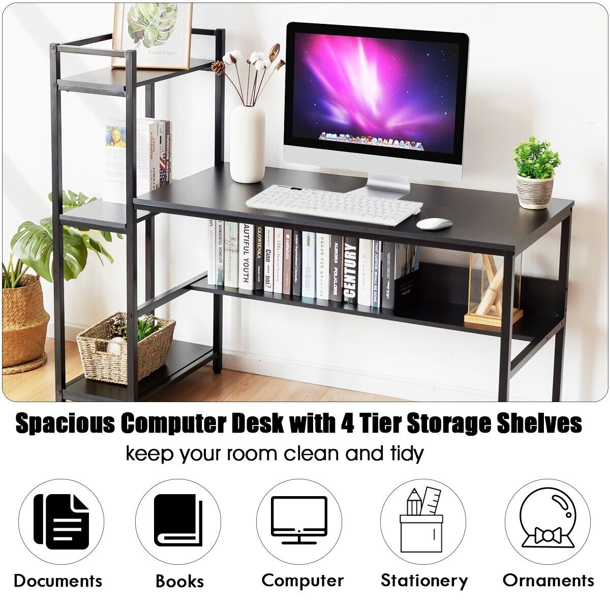 2-in-1 Workstation Computer Desk with 4 Tier Storage Shelves-Black