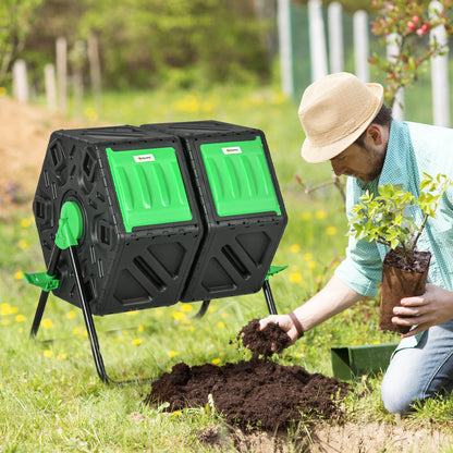 Outsunny Dual Chamber Garden Compost Bin, 130L Rotating Composter, Compost Maker with Ventilation Openings and Steel Legs