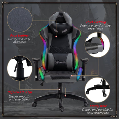 Vinsetto Gaming Office Chair with RGB LED Light, Lumbar Support, Gamer Recliner, Grey