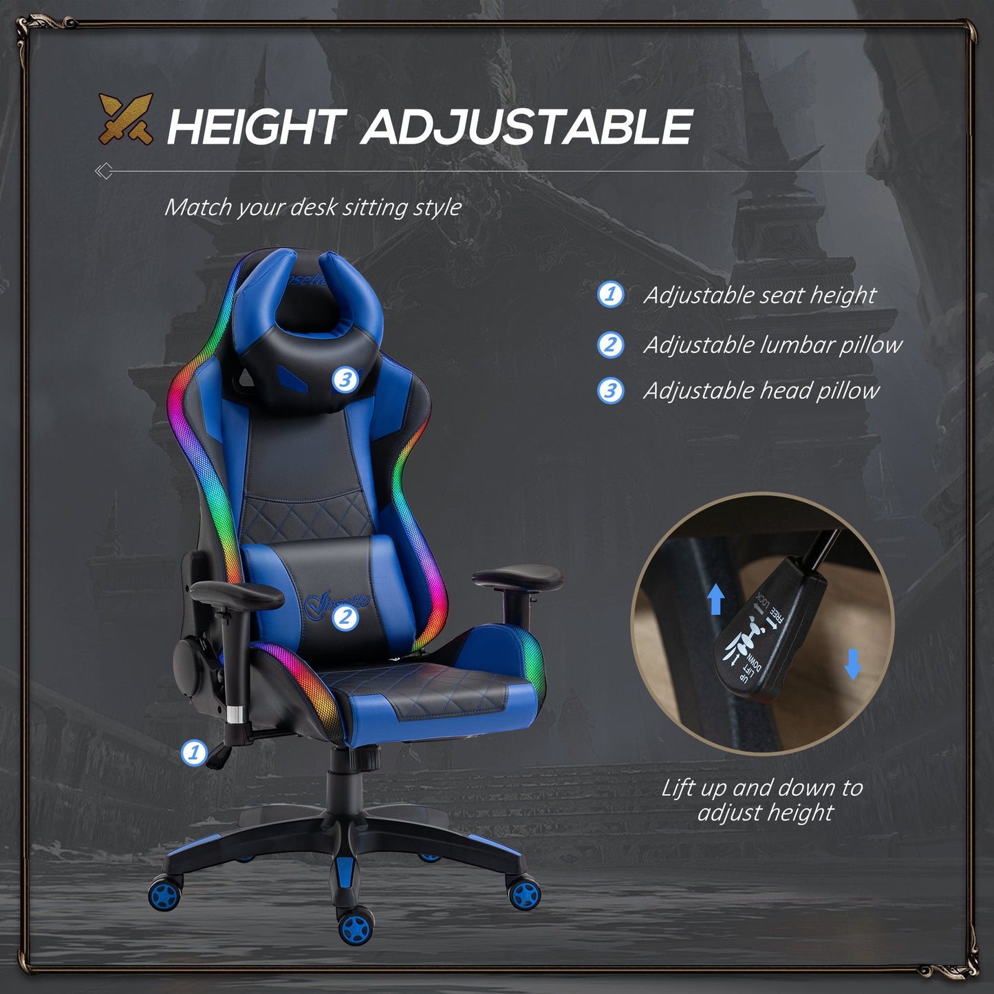 Vinsetto Gaming Office Chair with RGB LED Light, Lumbar Support, Gamer Recliner, Blue