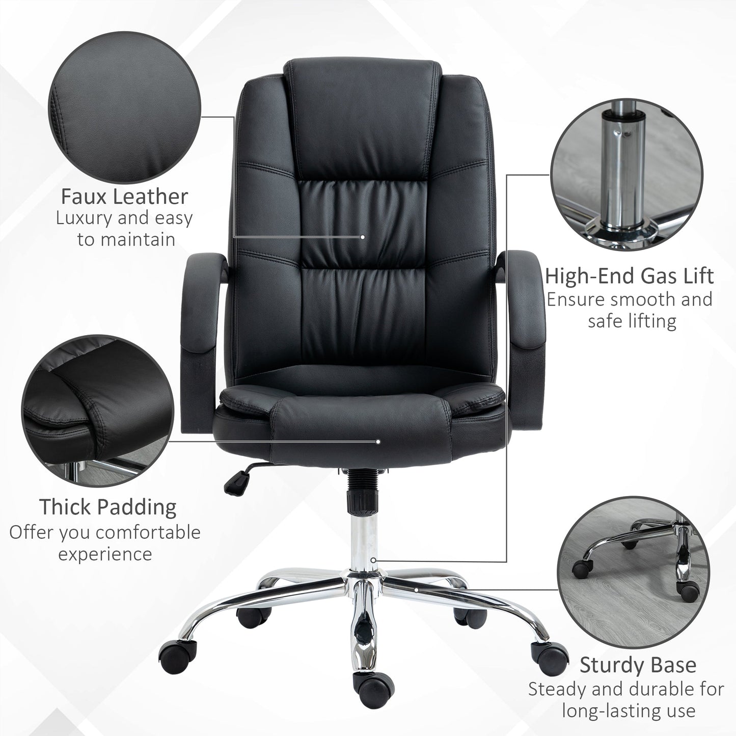 Vinsetto High Back Executive Office Chair, PU Leather Swivel Chair with Padded Armrests, Adjustable Height, Tilt Function, Black